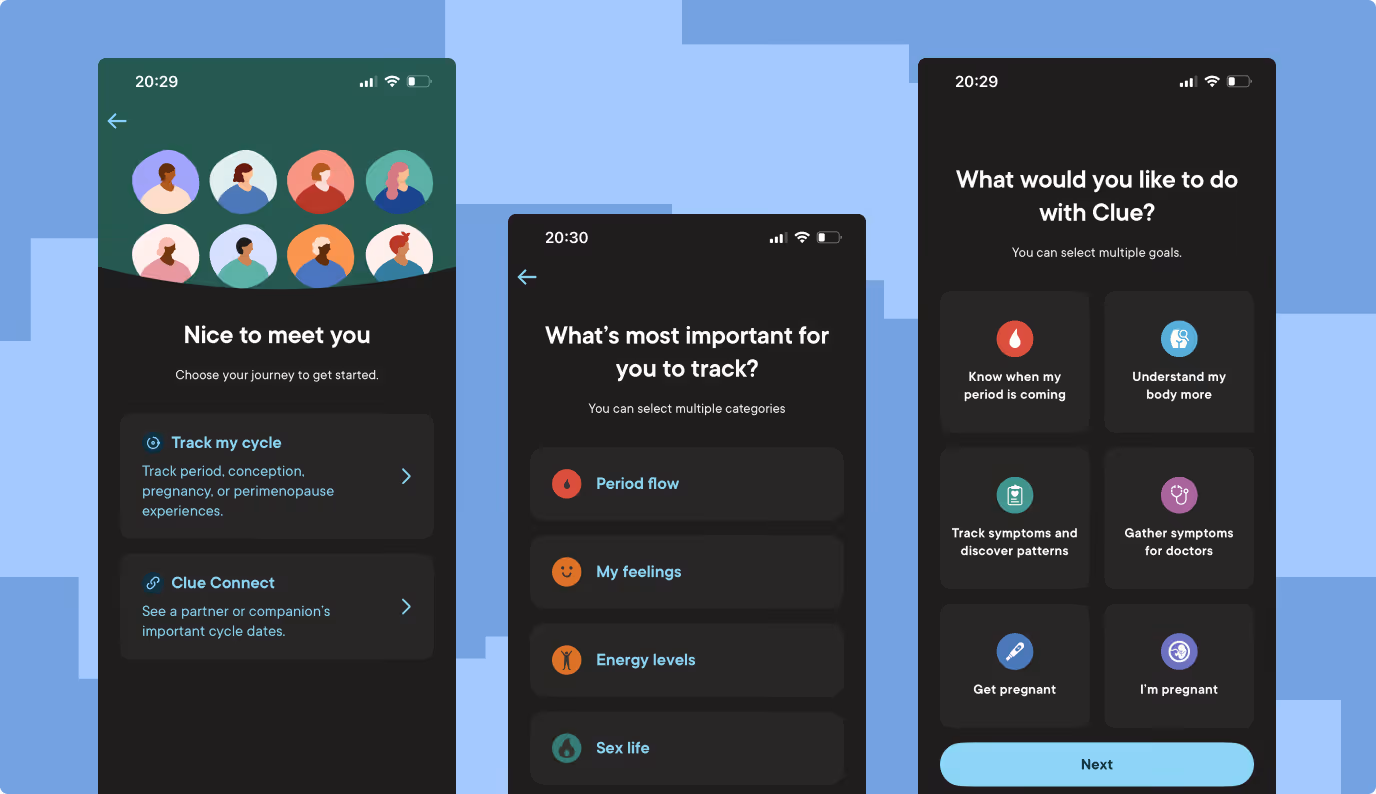 Clue app privacy and consent UX — data management screens showing transparent user controls for women's health data