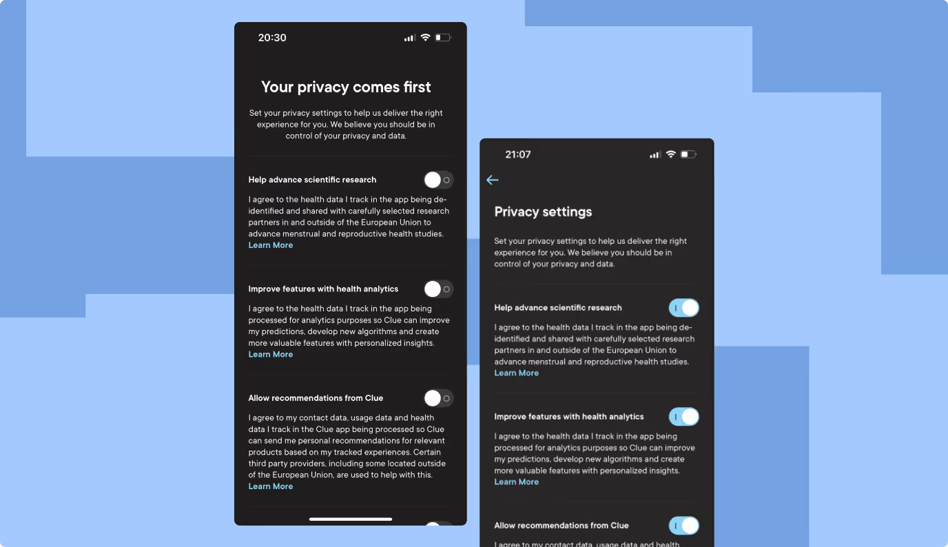 Clue app privacy and consent UX — data management screens showing transparent user controls for women's health data