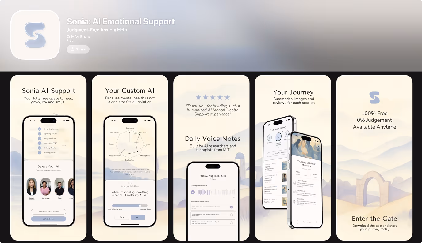 Sonia AI mental health app — conversational AI interface with immersive virtual environment and multimodal voice and text interaction design