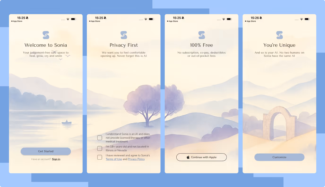 Sonia AI mental health app — immersive cartoon landscape used as a metaphorical safe space for emotional support