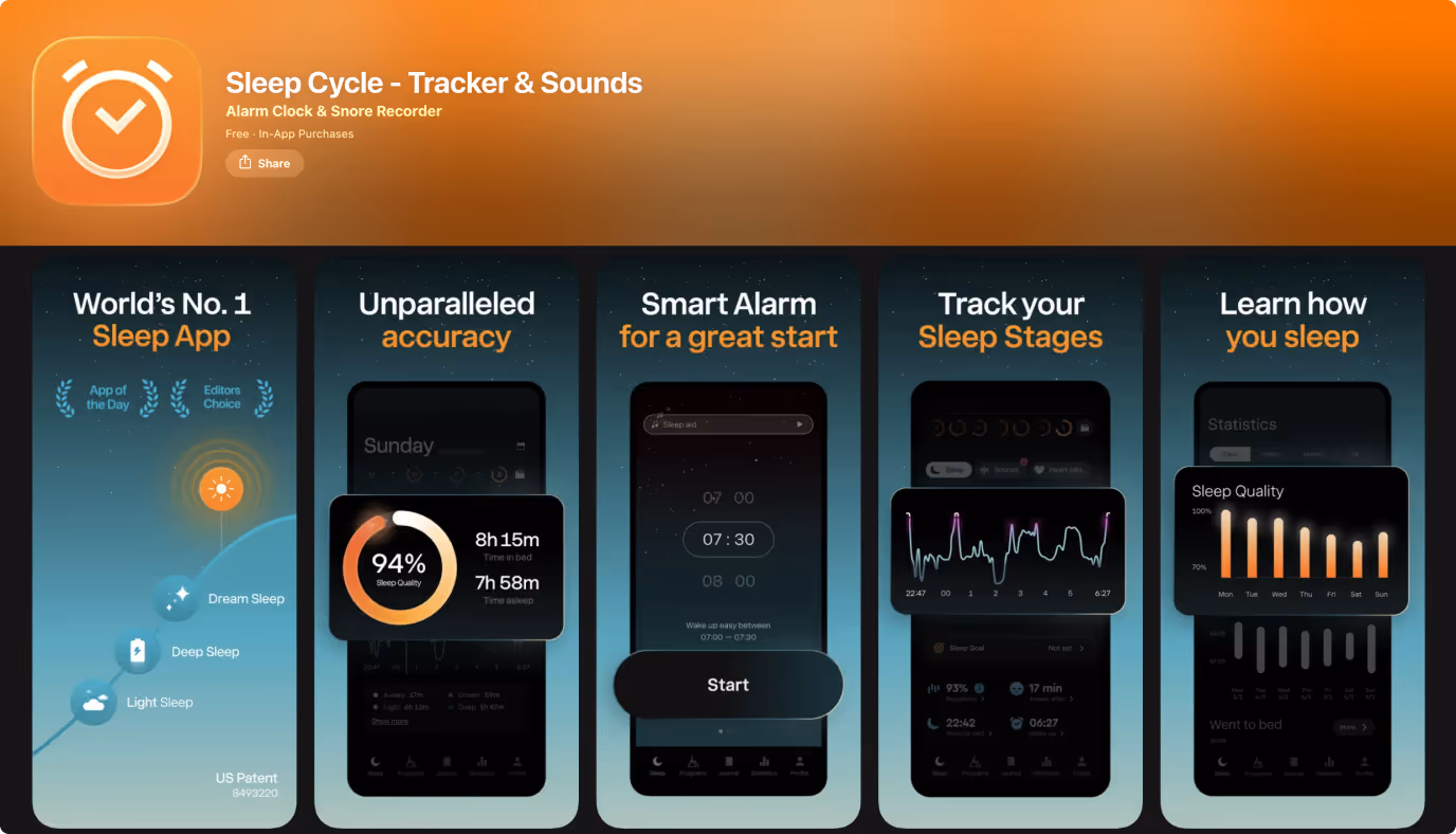 Sleep Cycle smart alarm app — UX screens showing AI-driven sleep pattern tracking, personalised baselines, and sleep quality data visualisation