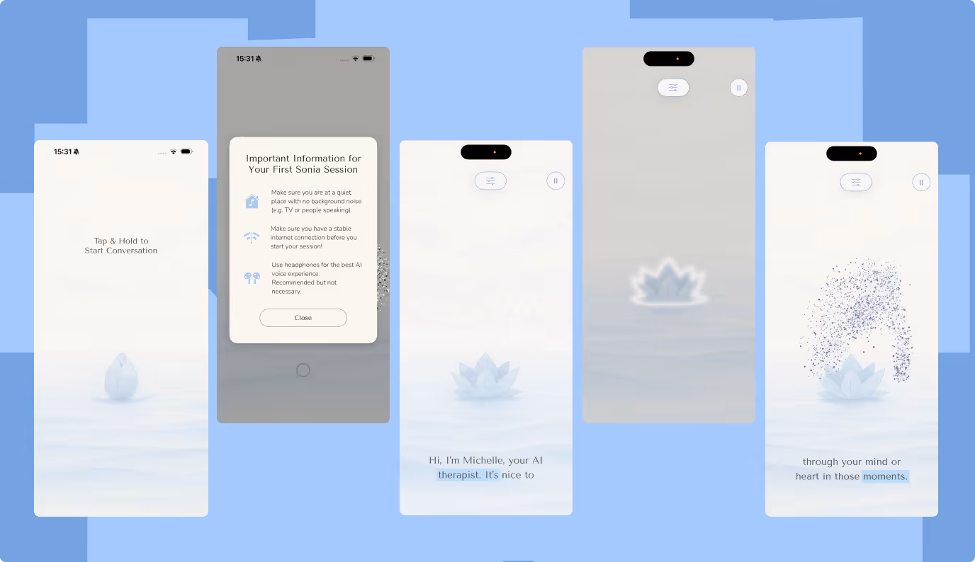 Sonia AI app multimodal interface — voice and text interaction options for accessible mental health support