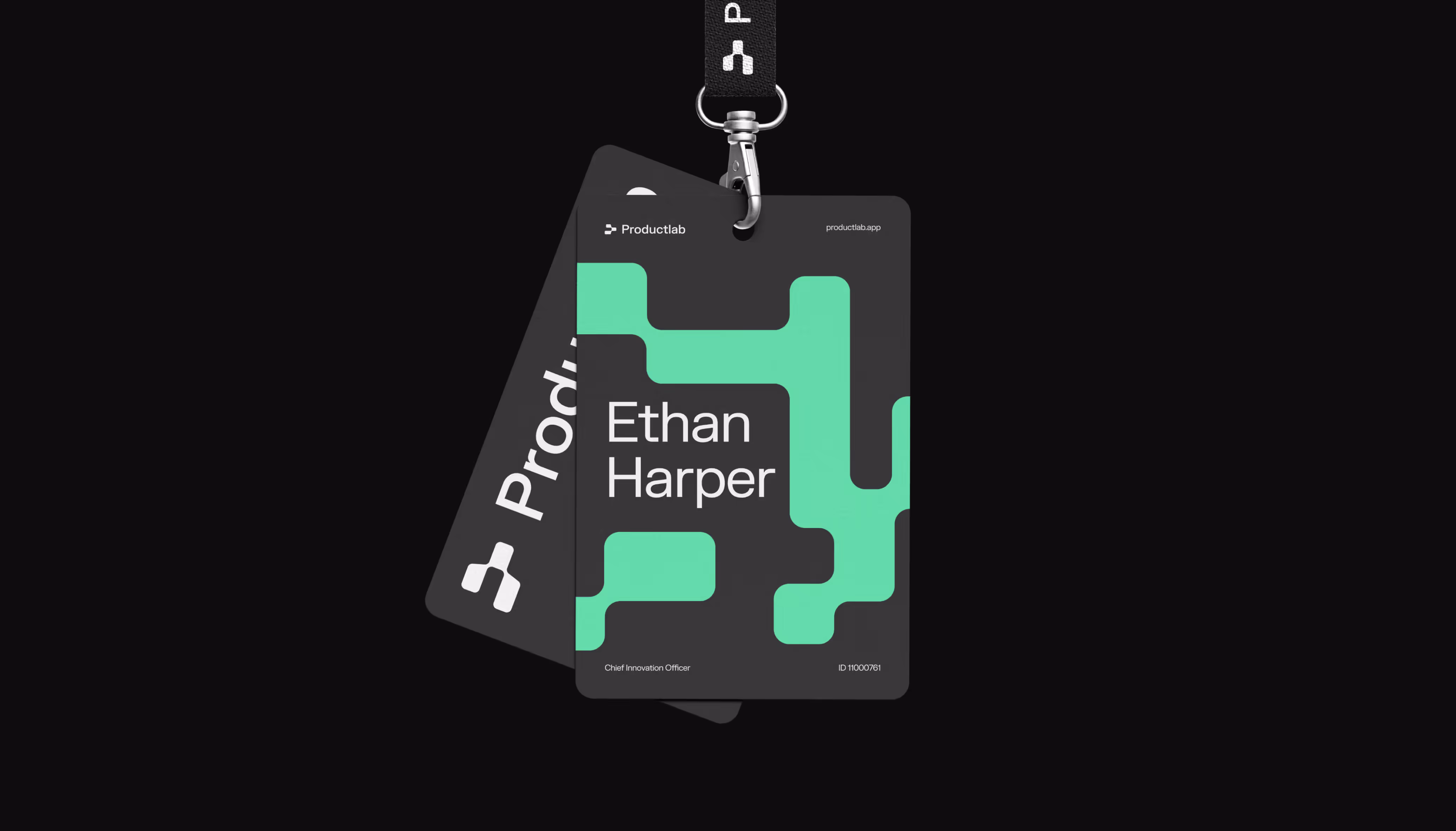 Productlab conference badge design featuring the brand's adaptive pattern system in mint green on dark background, with name and title displayed in clean FK Grotesk typography