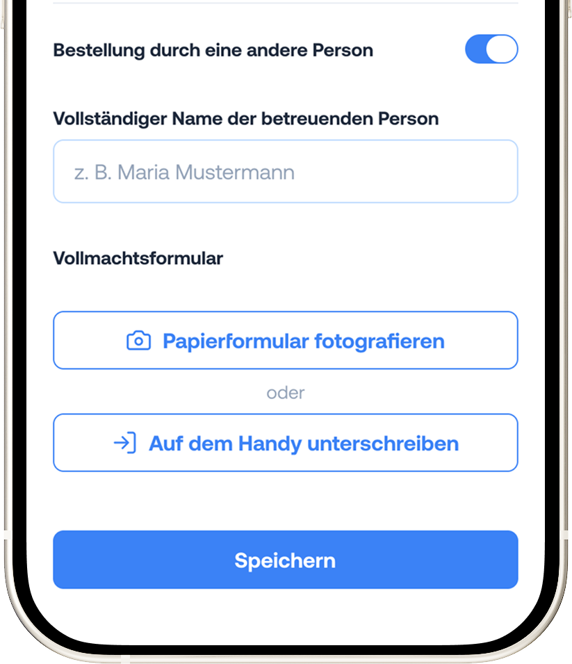 Erteilen Sie die Vollmacht bequem per digitaler Unterschrift direkt in der MYA-App. So können Angehörige Rezepte und Medikamentenanfragen einfach und sicher im Namen ihrer Familienmitglieder verwalten – ganz ohne Papierformulare oder Vor-Ort-Termine.