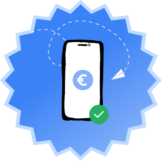 Smartphone mit Euro-Symbol auf dem Bildschirm und grünem Häkchen, umgeben von Papierflieger im Hintergrund.