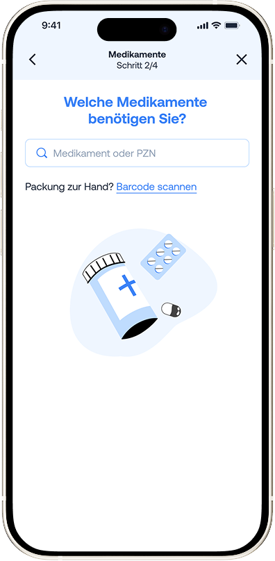 Smartphone screen showing a medication search app with pill bottle, blister pack, and capsule icons.