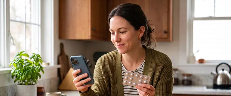 Eine lächelnde junge Frau hält in der einen Hand ein Smartphone und schaut auf dessen Bildschirm, während sie in der anderen Hand Medikamente hält.