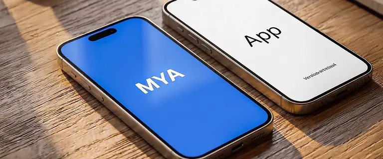 Auf dem Tisch liegen zwei Smartphones, auf deren Bildschirmen das Logo der MYA-Anwendung zu sehen ist.