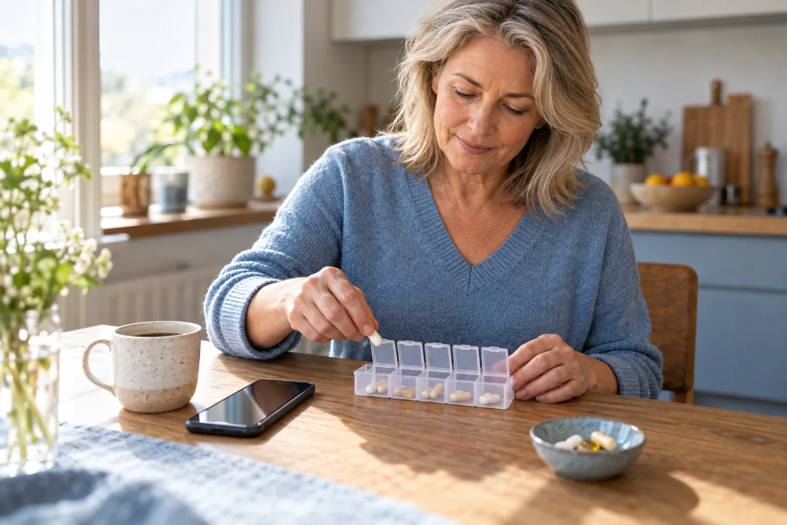 Frau füllt am Küchentisch eine Wochen-Dosierbox für ihre Tabletten