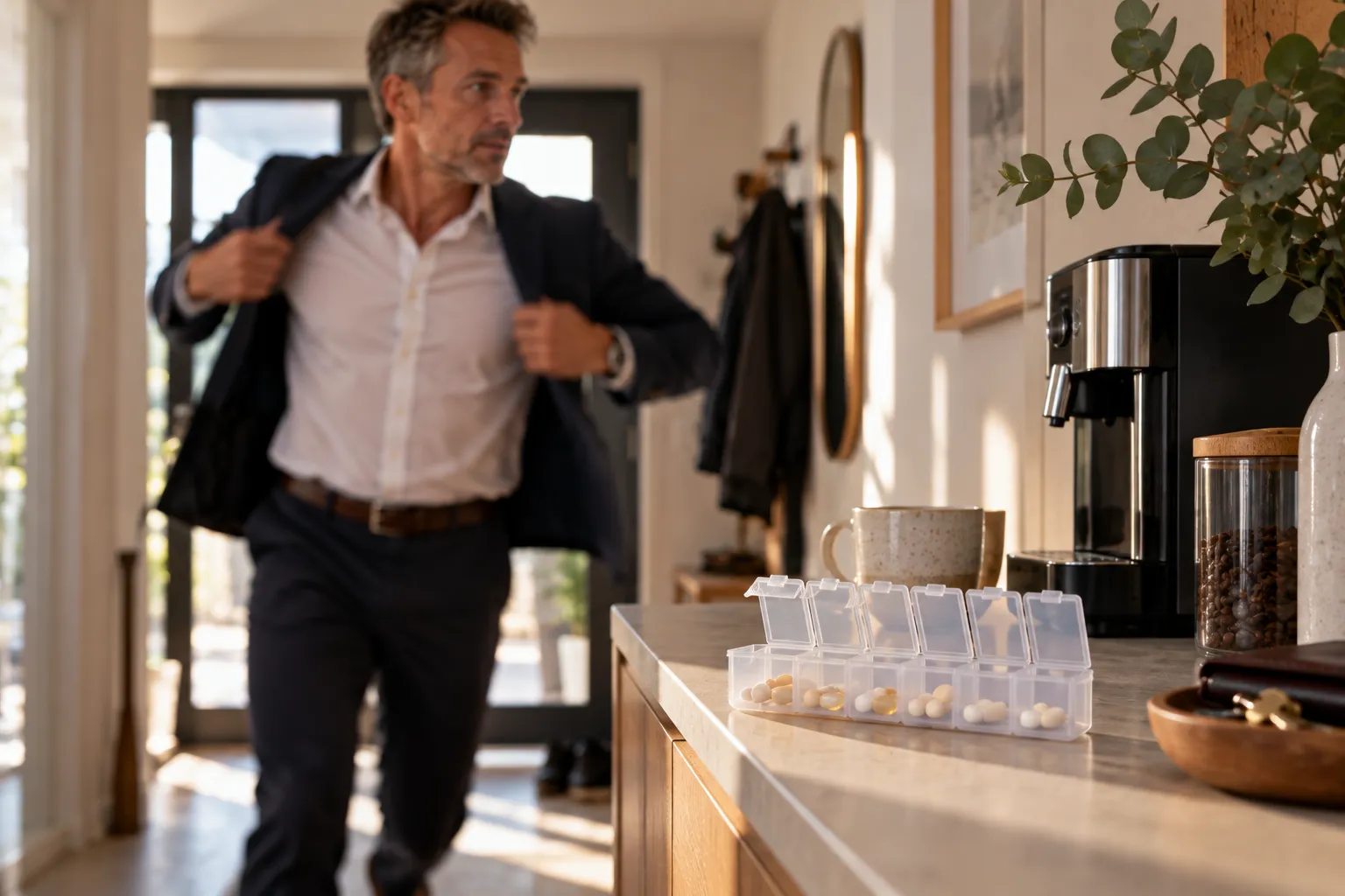 Mann in Eile im Flur, im Vordergrund eine Dosierbox neben der Kaffeemaschine