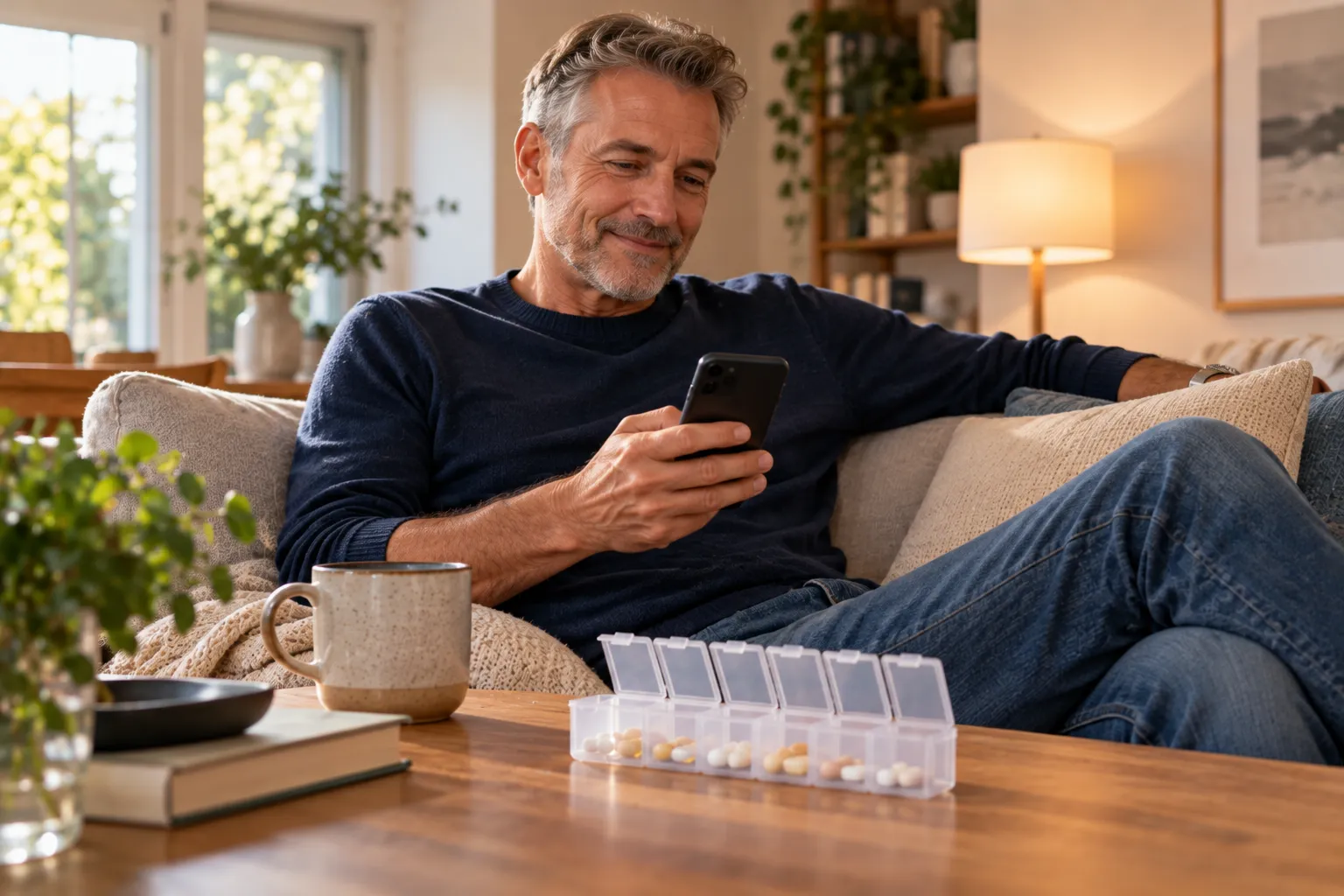 Mann sitzt entspannt auf dem Sofa mit Handy, vor ihm eine Dosierbox