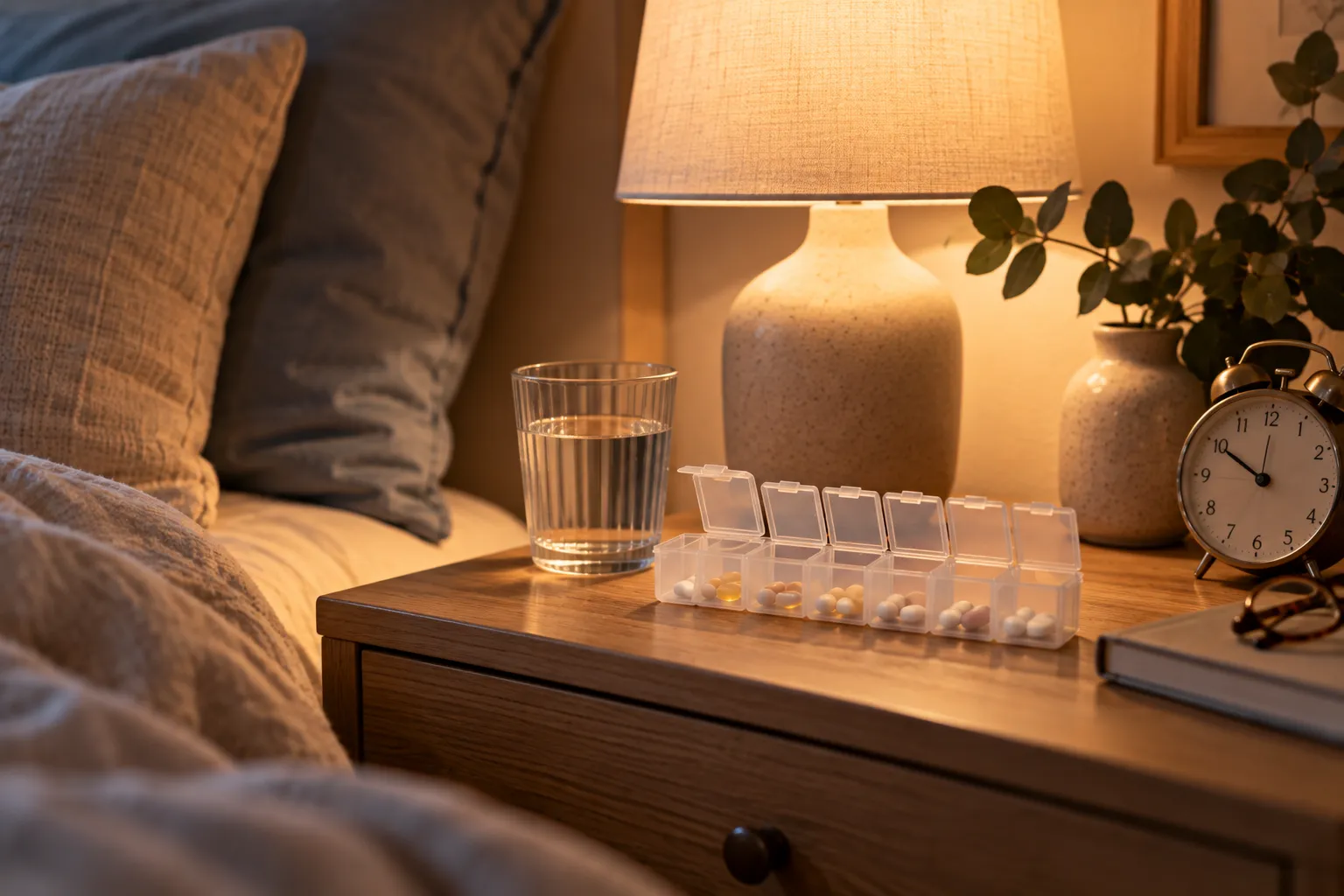 Nachttisch am Abend mit Wasserglas, Dosierbox und Wecker