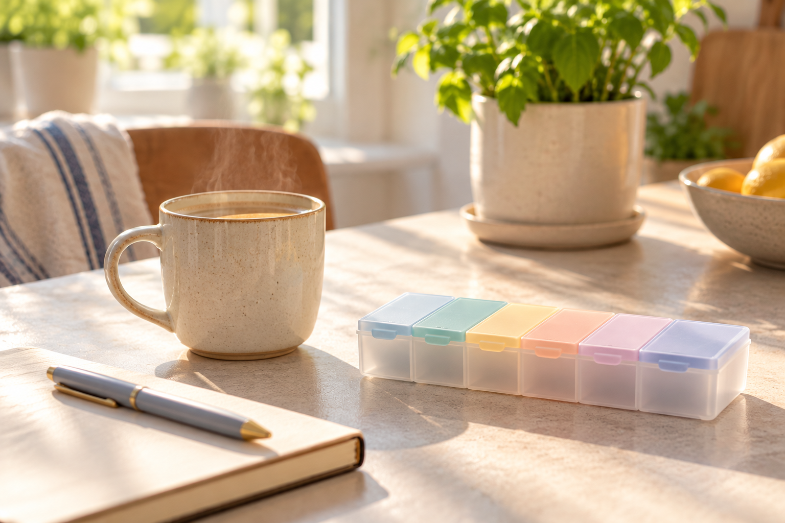 Wochen-Dosierbox neben einer Tasse Tee und einem Notizbuch auf dem Küchentisch im Morgenlicht