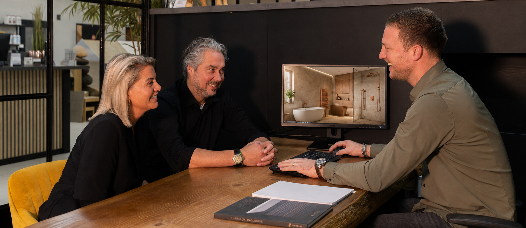 Adviseur en stel bekijken samen een 3D-ontwerp van een nieuwe badkamer in de showroom