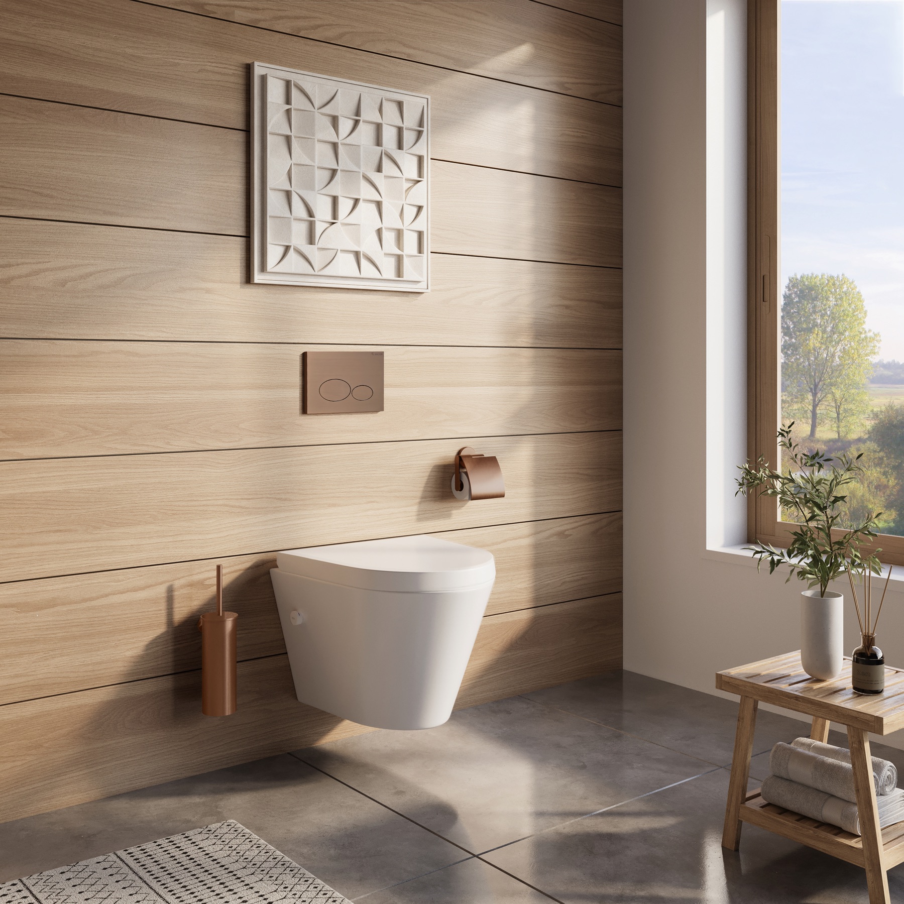 Douche-wc tegen een houtlook lamelwand met koperkleurige accessoires en een plant bij het raam