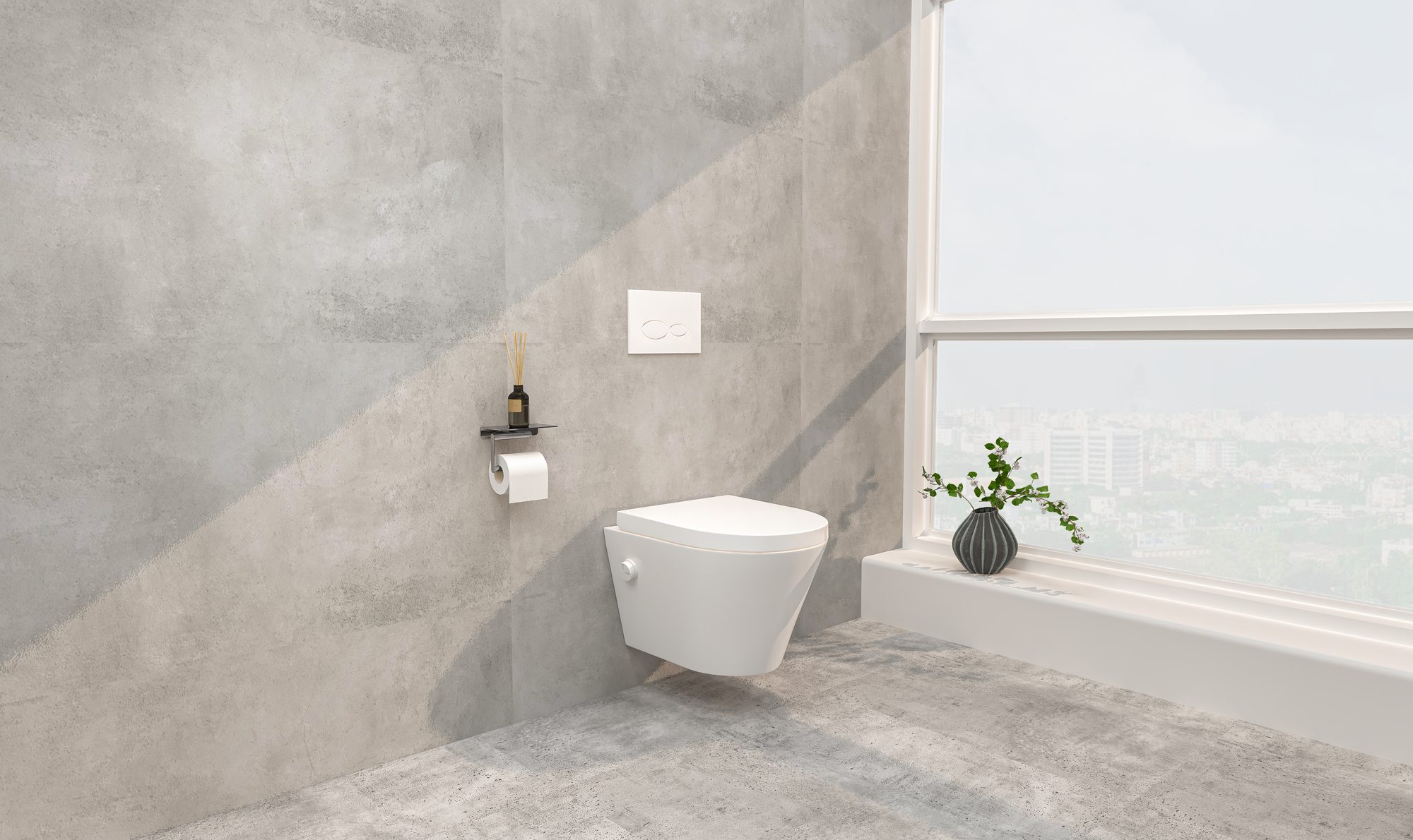 Wandcloset in een lichte toiletruimte met betonlook tegels en een raam met uitzicht