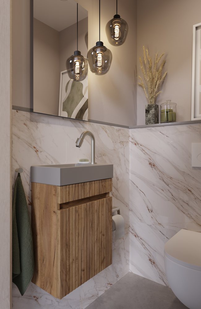 Toiletruimte in marmerlook met een geribbeld houten fonteinmeubel en hanglampen