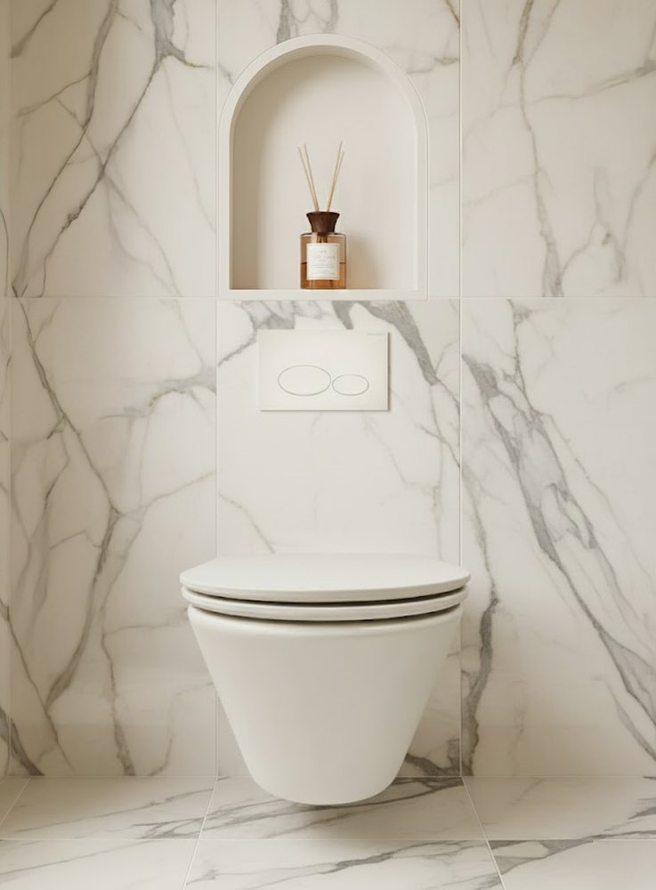 Wit wandcloset tegen witte marmerlook met een boognis in de wand