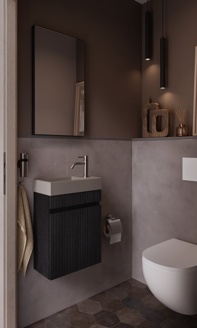 Toiletruimte in bruine marmerlook met een donker geribbeld fonteinmeubel
