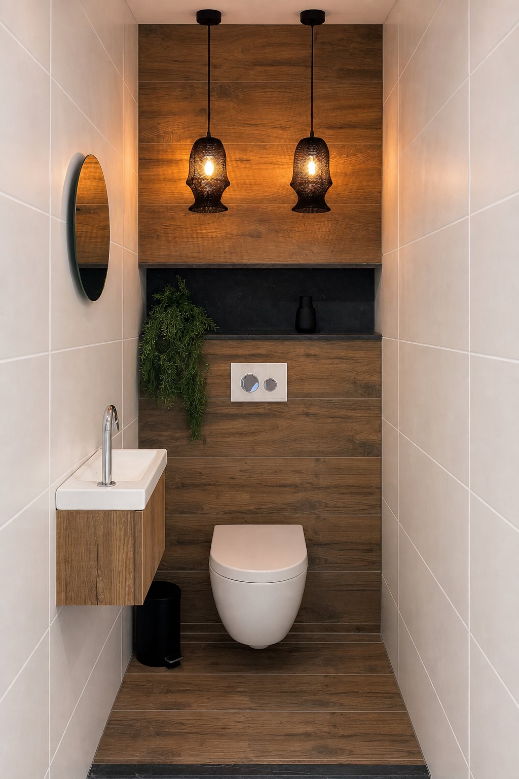 Wit wandcloset en fonteintje in een toiletruimte met houtlook wand en twee hanglampen