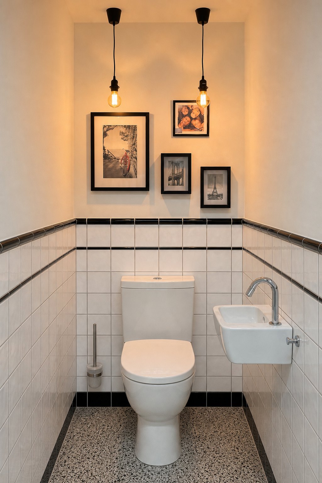 Staand toilet tegen witte metrotegels, met terrazzovloer en ingelijste prenten