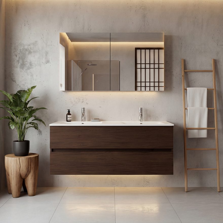 Walnoten badmeubel met een houten ladder, plant en zachte betonlook wand