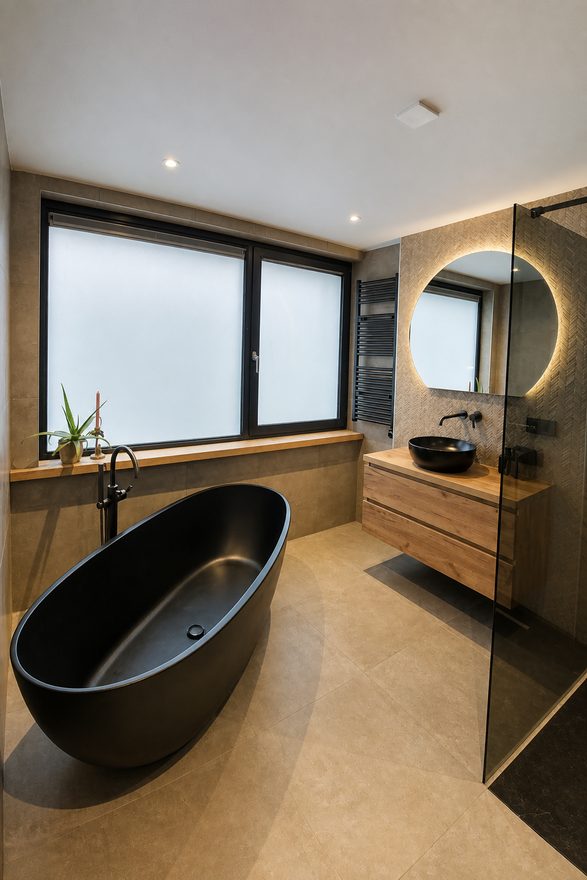 Overzicht van een badkamer met een zwart vrijstaand bad bij het raam en een zwevend houten wastafelmeubel met zwarte waskom onder een verlichte ronde spiegel.