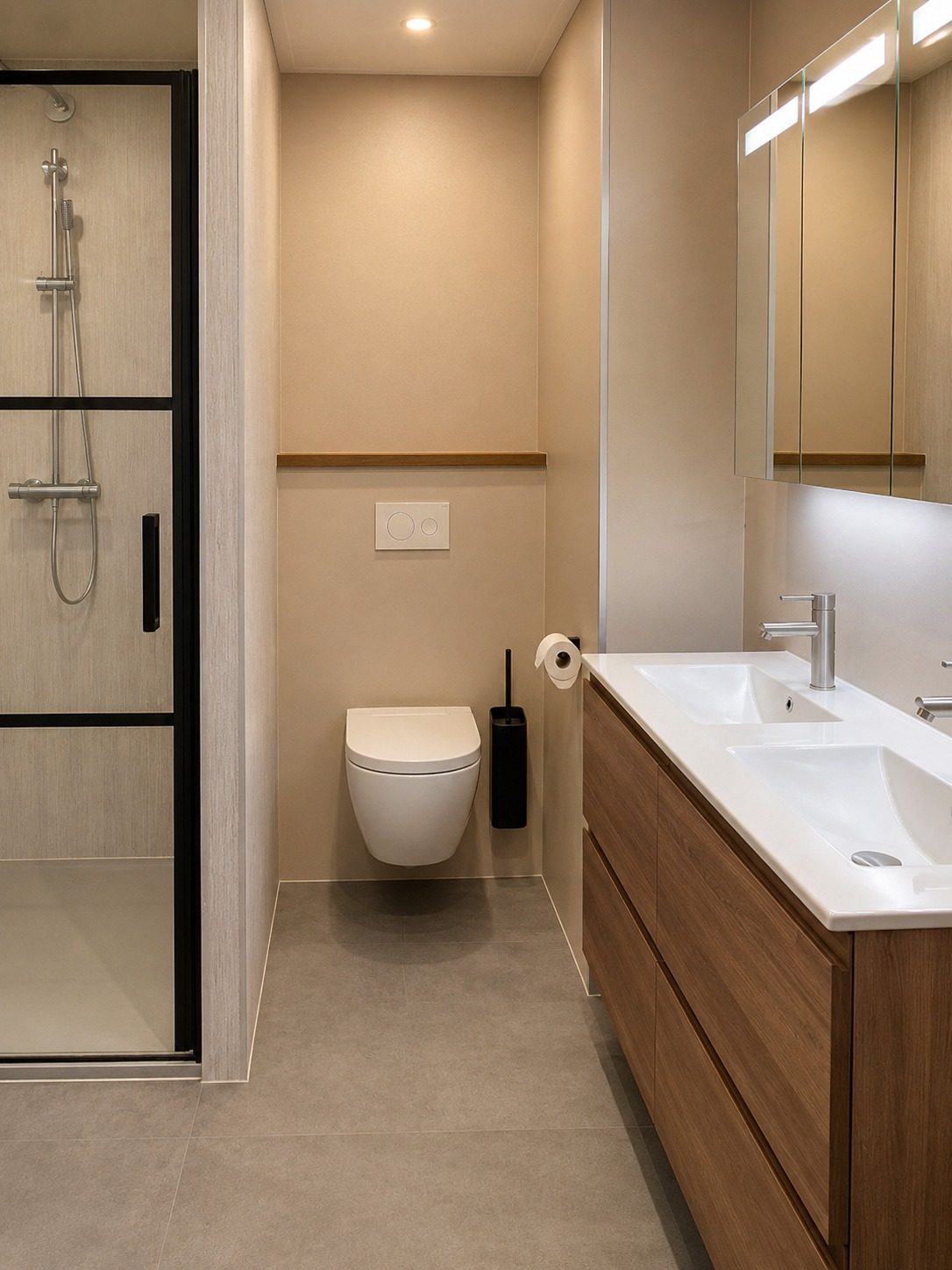 Gerenoveerde badkamer met houtlook wandpanelen