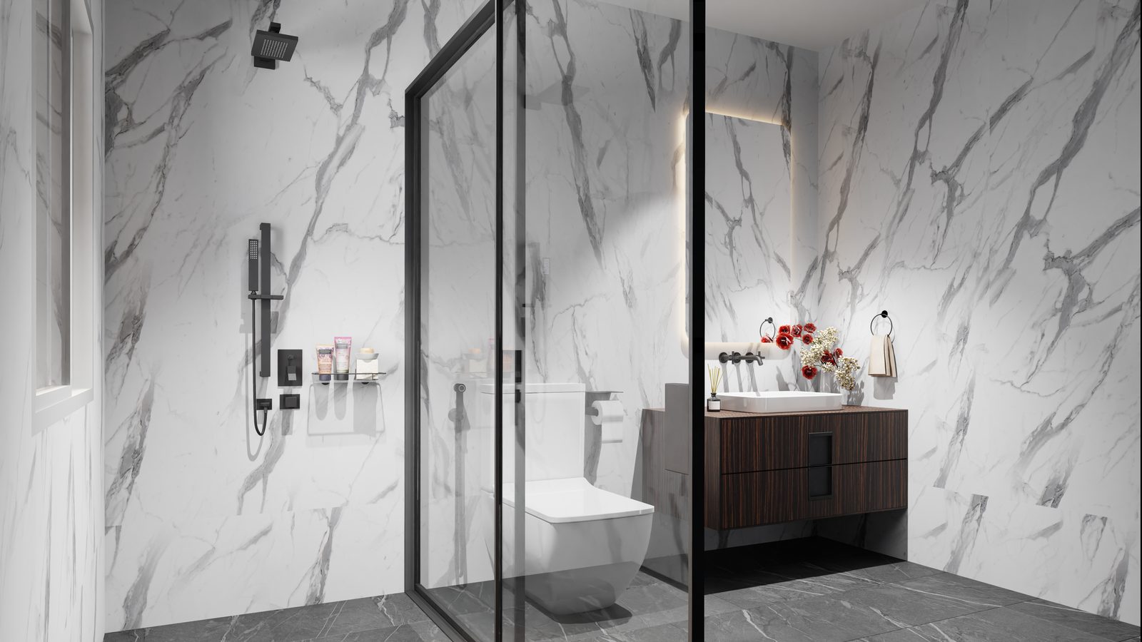 Douche en wastafel met wandpanelen in witte marmerlook