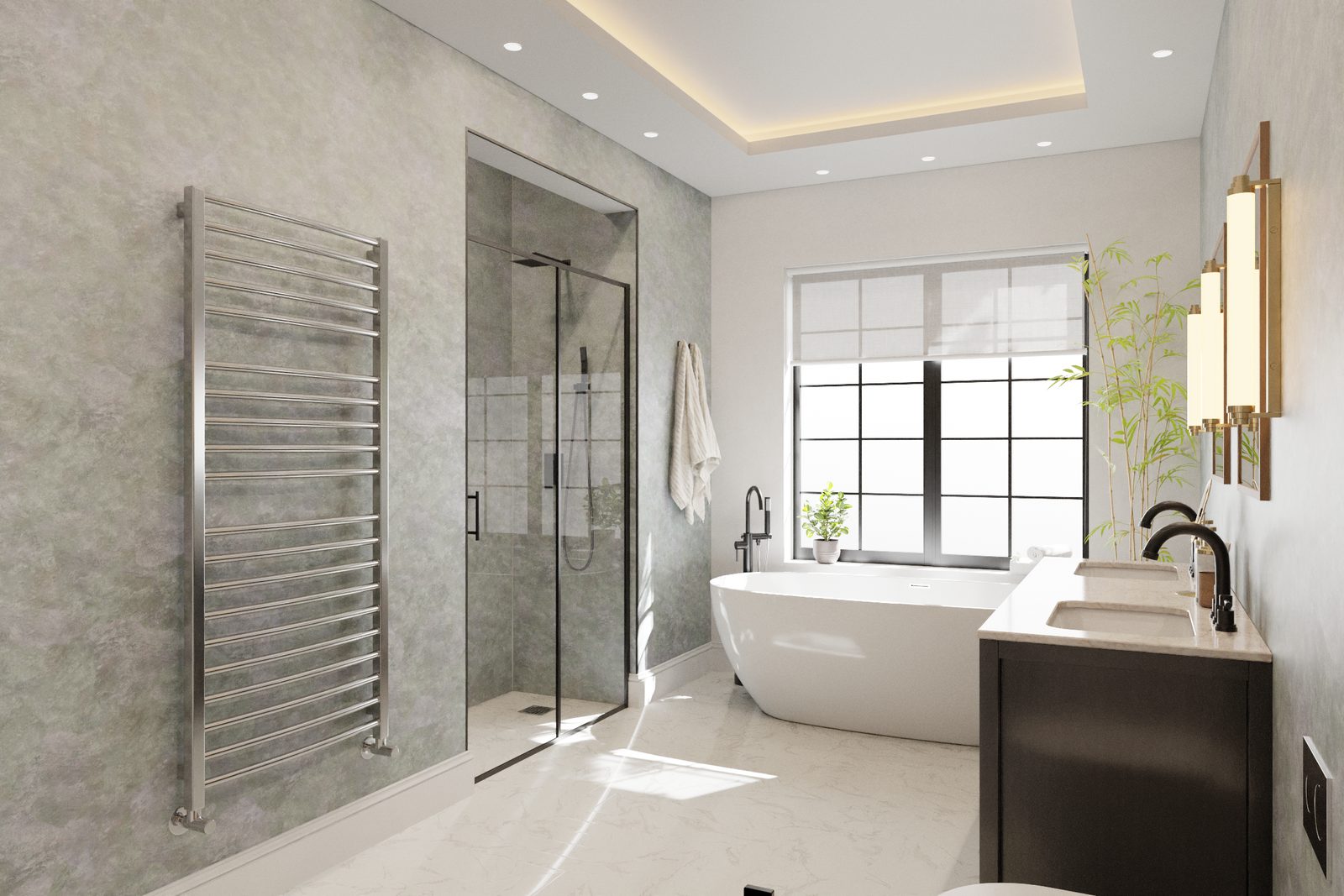 Ruime badkamer met wandpanelen in grijze betonlook