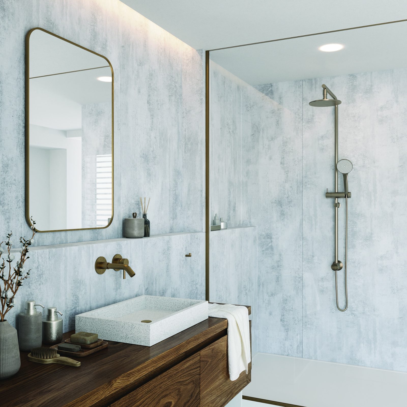 Douche en wastafel met wandpanelen in lichte betonlook
