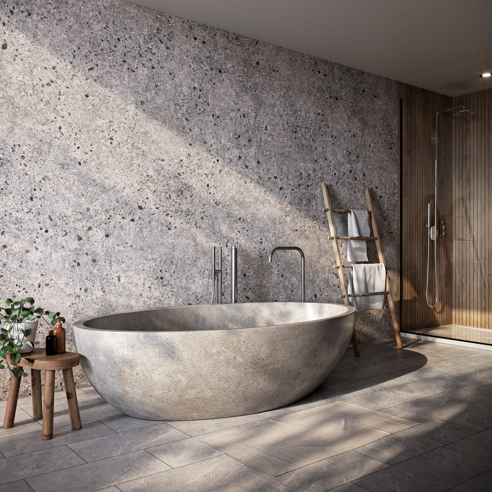 Badkamer met wandpanelen in donkere terrazzolook