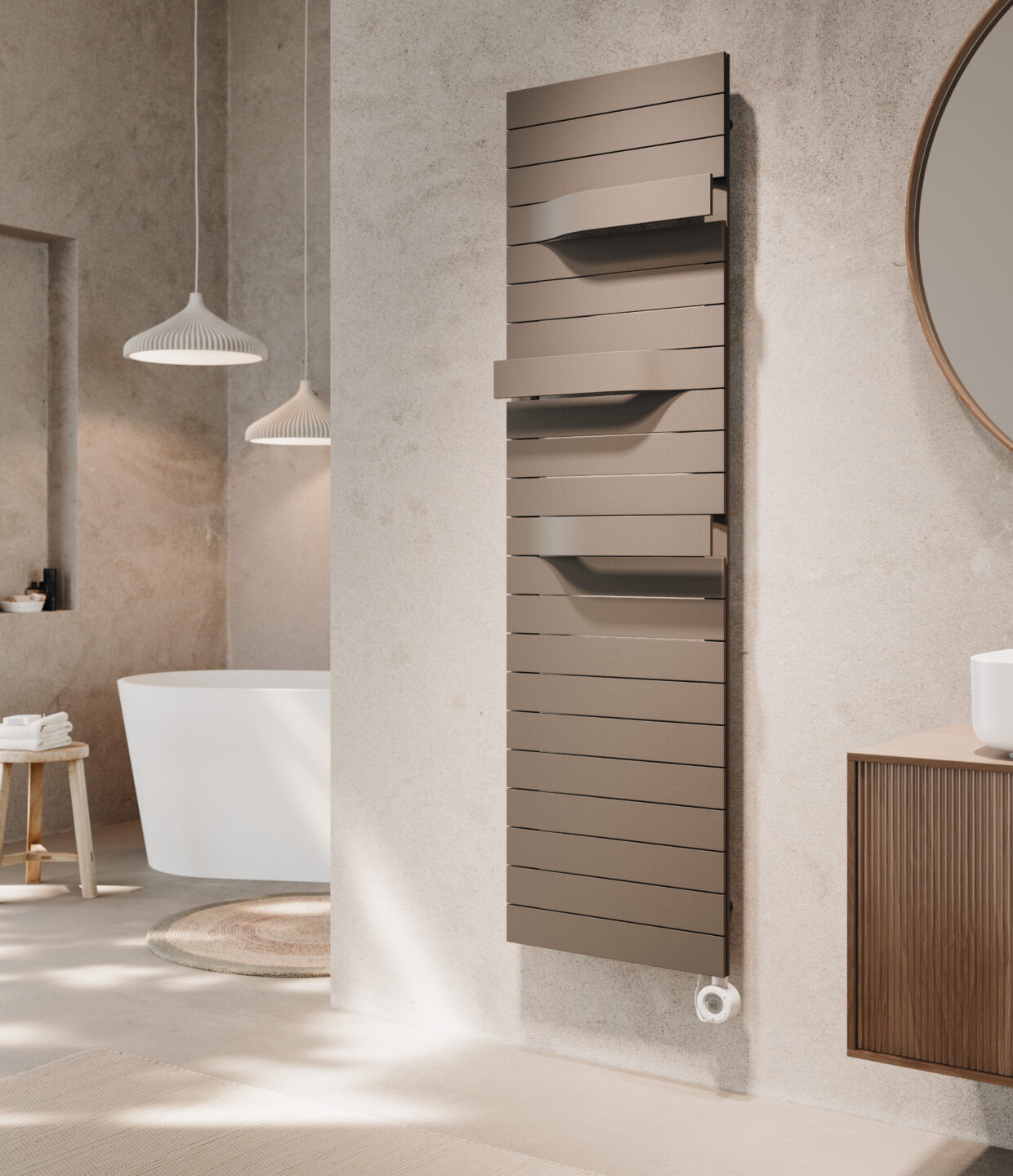 Taupekleurige designradiator met lamellen, uitklapbare handdoekbeugels en een witte bedieningsknop onderaan