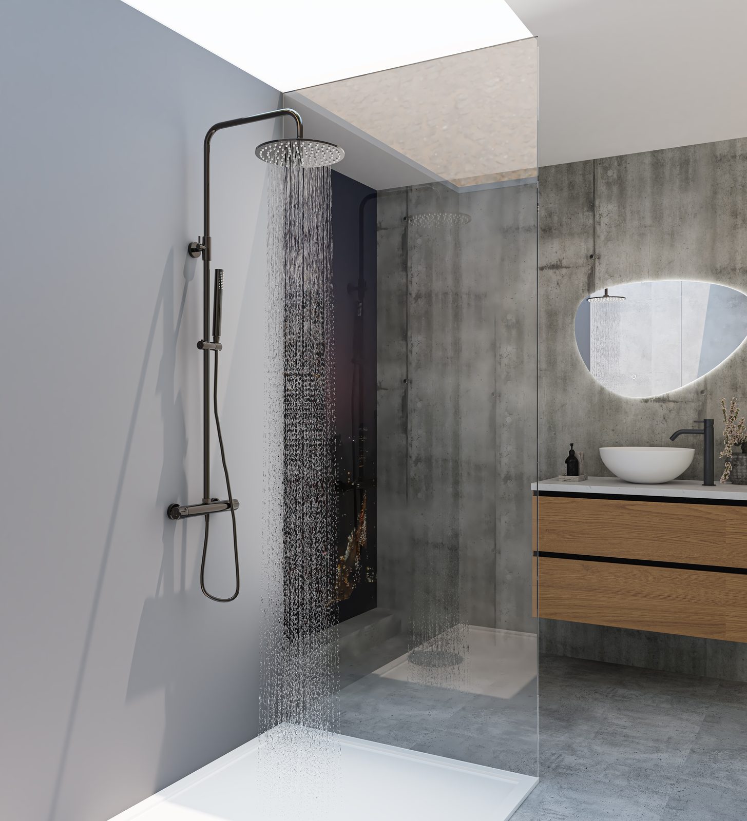 Stromende regendouche achter een glaswand zonder profiel, in een badkamer met betonlook wanden