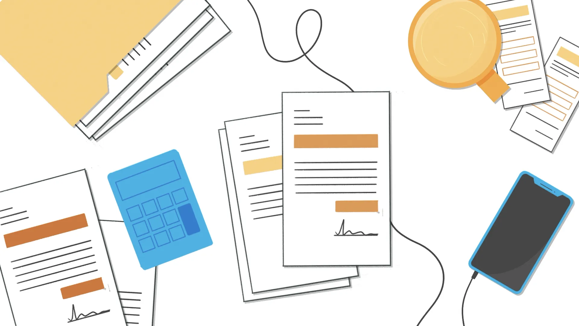 Still von einer Animation: man sieht mehrere gezeichnete Unterlagen.