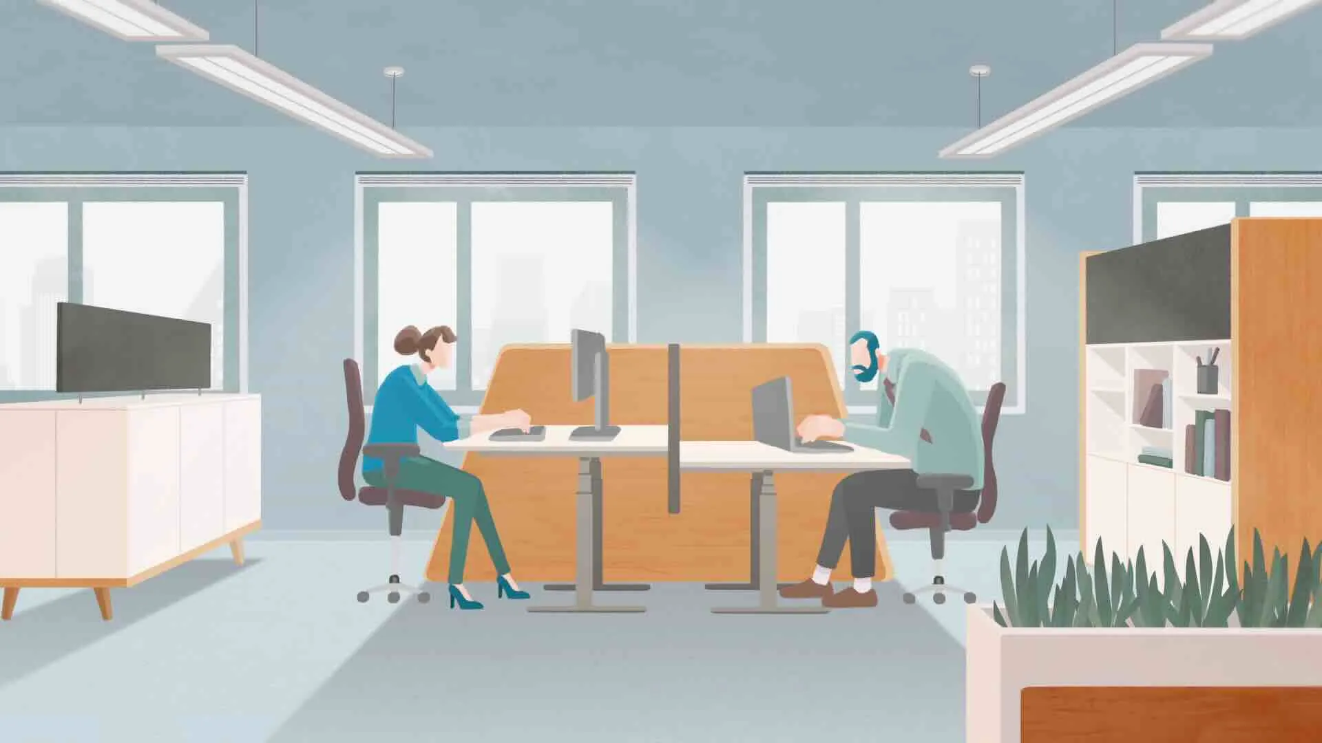 Still aus einer Animation: 2 Personen sitzen mit gebückter Haltung an einem Schreibtisch.