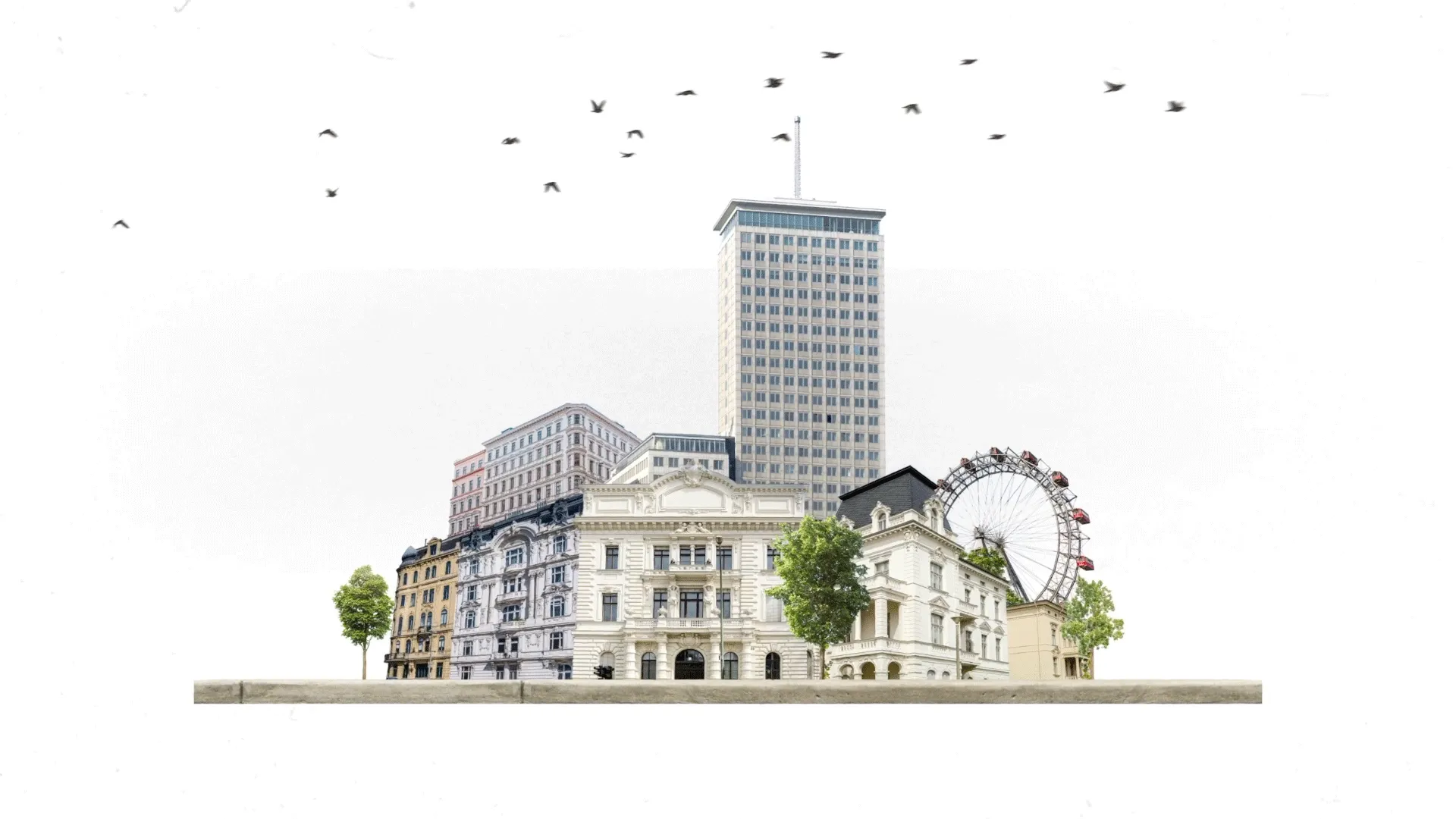 Eine Kombination von historischen und modernen Gebäuden mit einem Riesenrad im Hintergrund und Vögeln am Himmel.