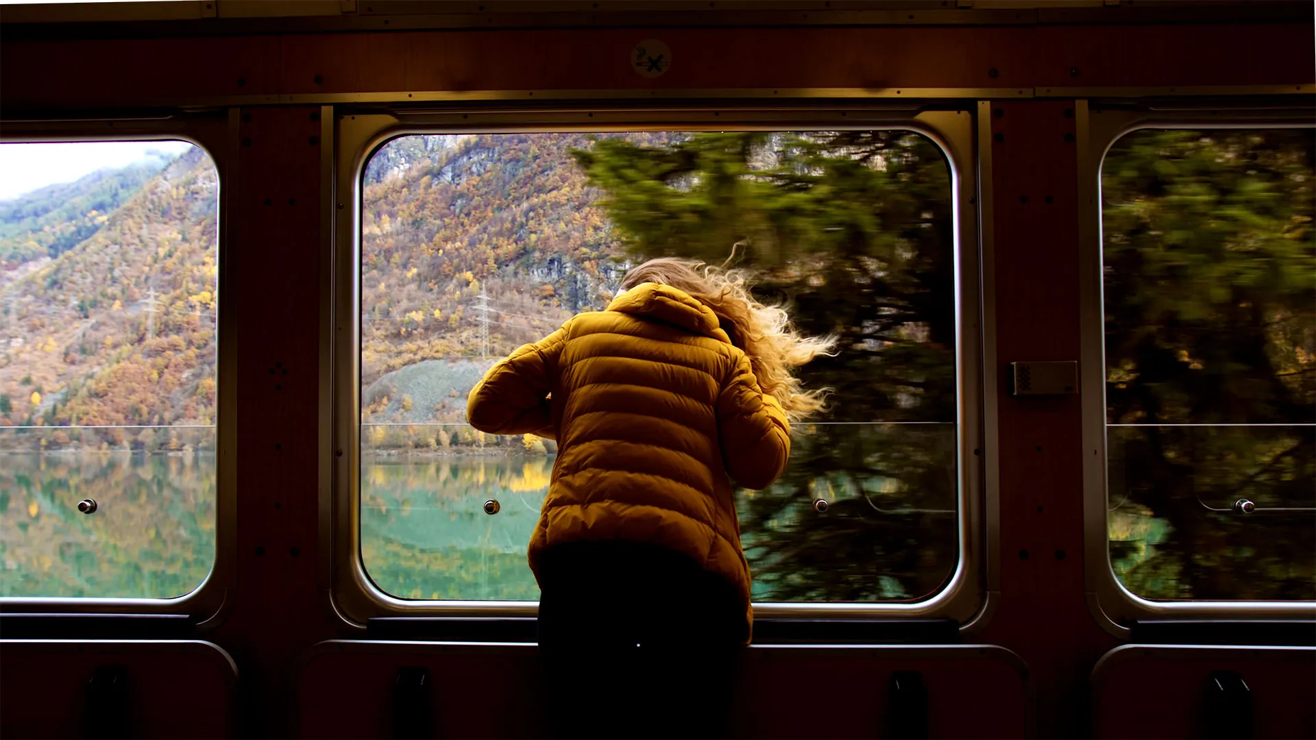 Person mit gelber Jacke blickt aus Zugfenster auf herbstliche Berglandschaft mit See.