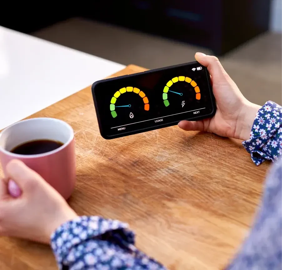 Over-the-shoulder view of a woman checking her home's energy usage on her phone via Tandem's Green Hub within the Tandem app.