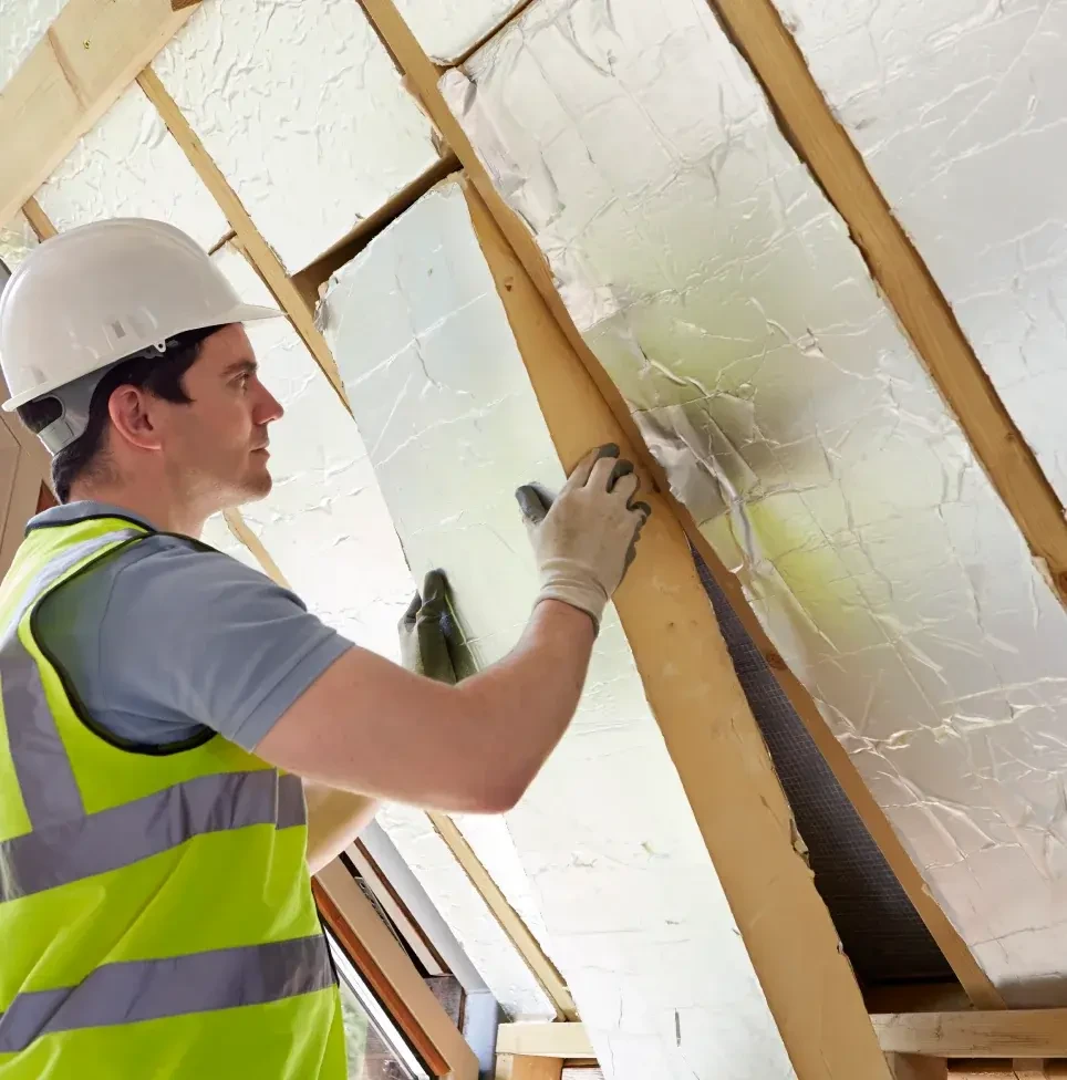 A builder, wearing a high-vis jacket and hard hat, installing wall insulation to the inside of a loft to make a home more energy-efficient.