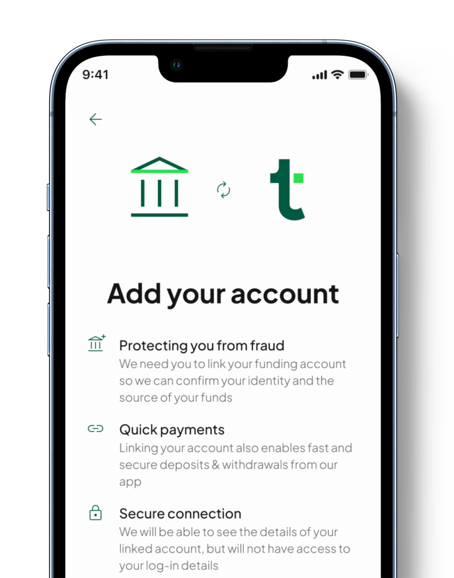 A smart phone screen showing the Tandem app connecting to an external bank account through Open Banking.