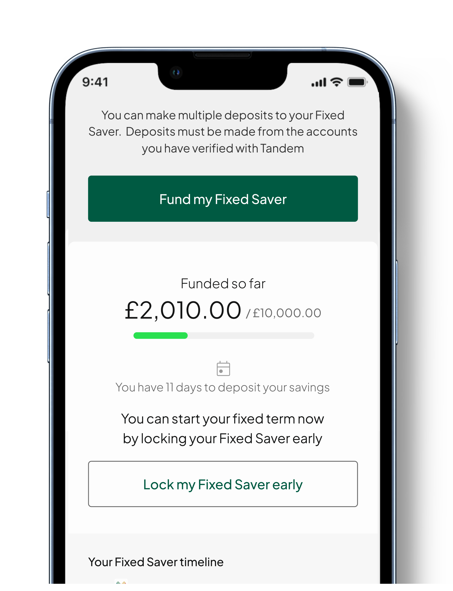 A smart phone screen with the Tandem app proudly displaying a fully funded Fixed Saver account.