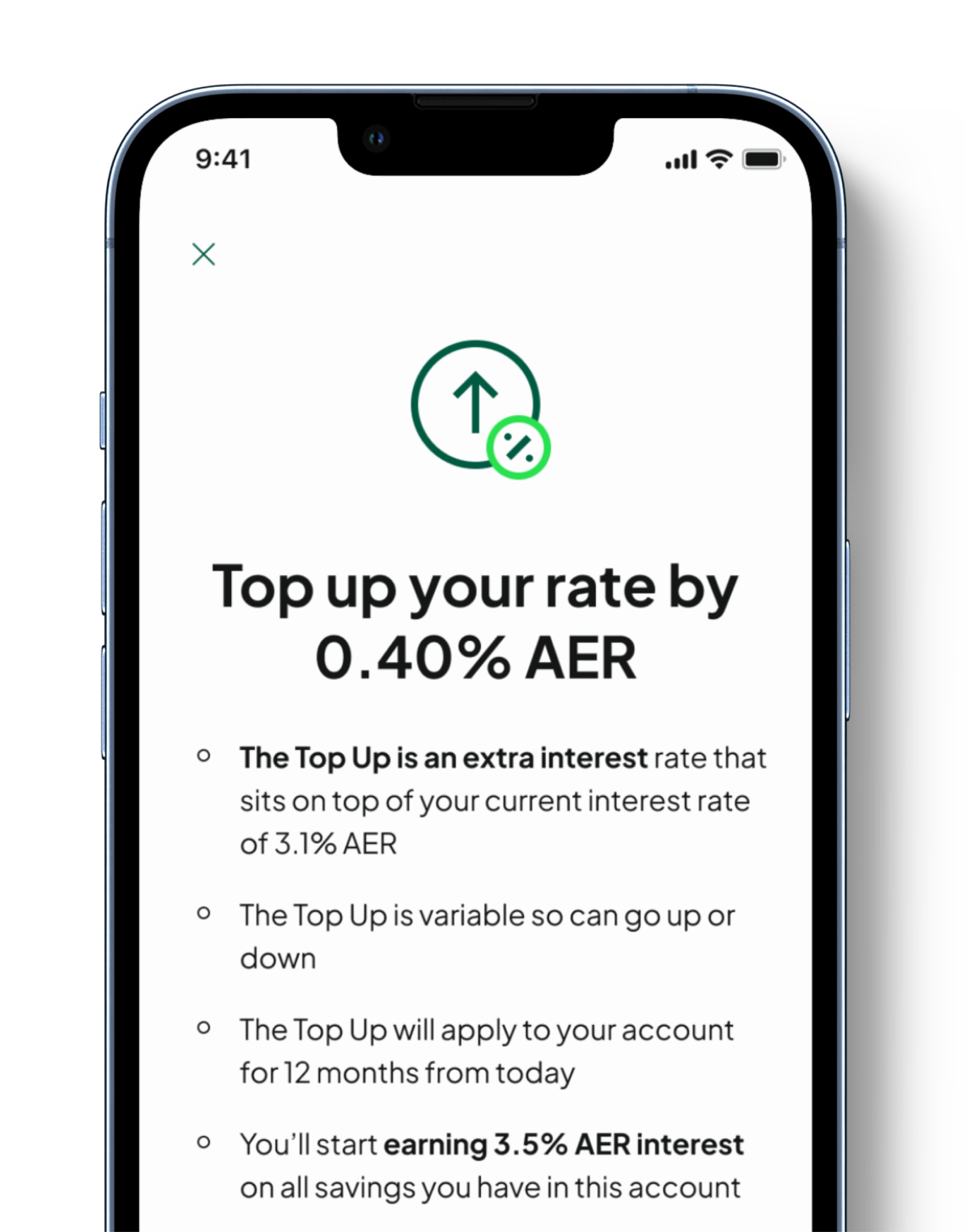 A smart phone screen showing the Tandem app applying the Top Up rate to an Instant Access Saver account.