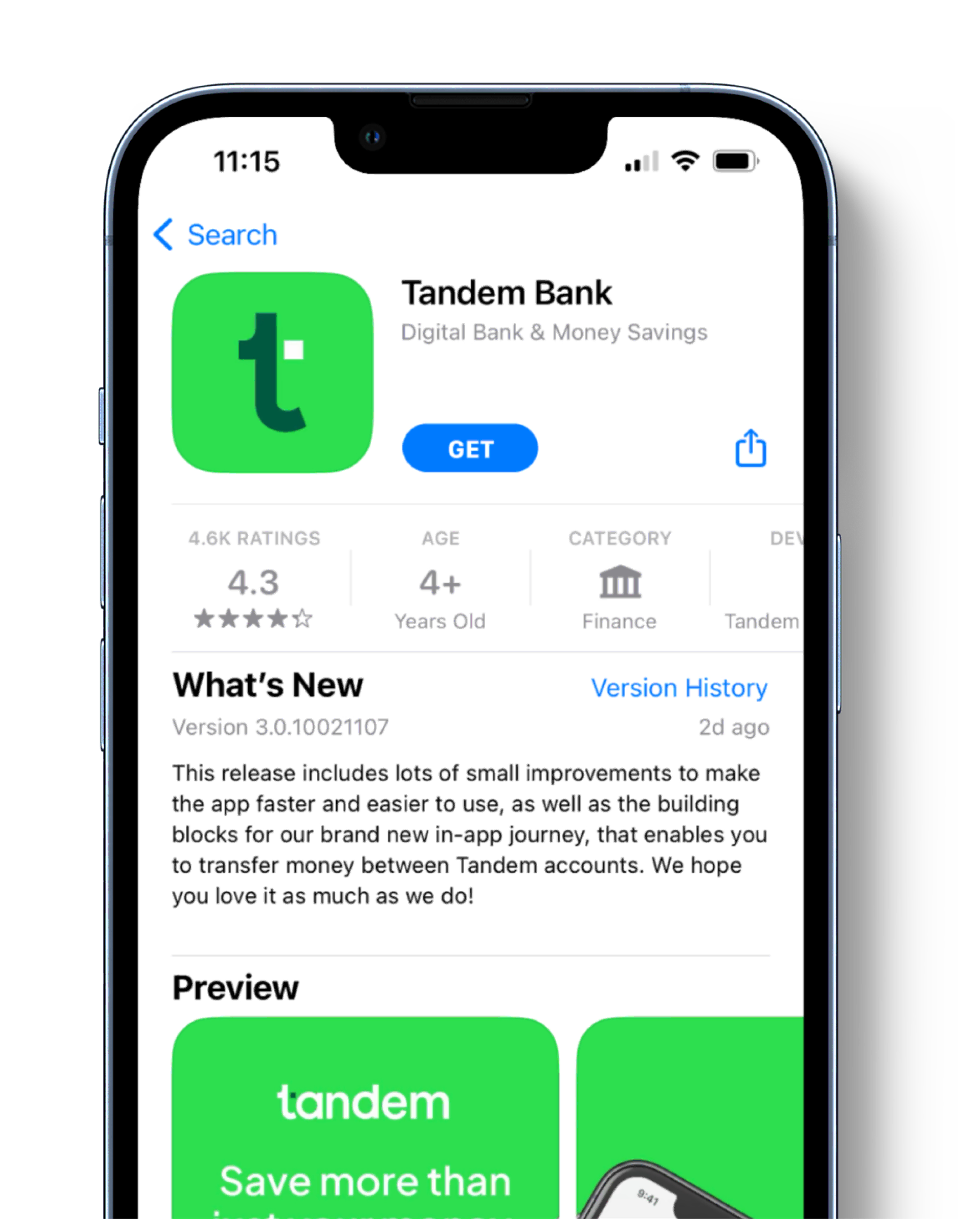 A smart phone screen showing the Tandem app on the Apple Store ready to download.