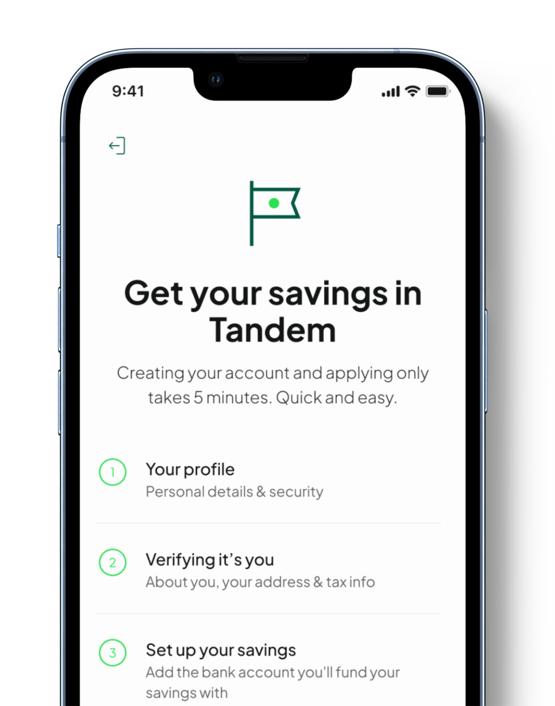 A smart phone screen showing the Tandem app's Instant Access Saver account registration page.