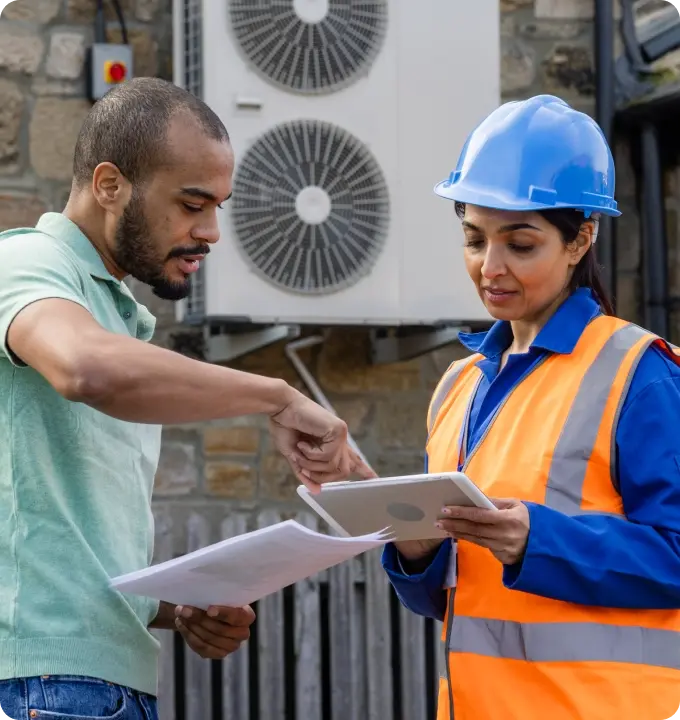 A homeowner and engineer looking at an air source heat pump being installed on the outside of a UK home. The engineer is wearing a hard hat and holding a digital tablet. The homeowner is holding paper documents. An air source heat pump can help achieve a greener home. 