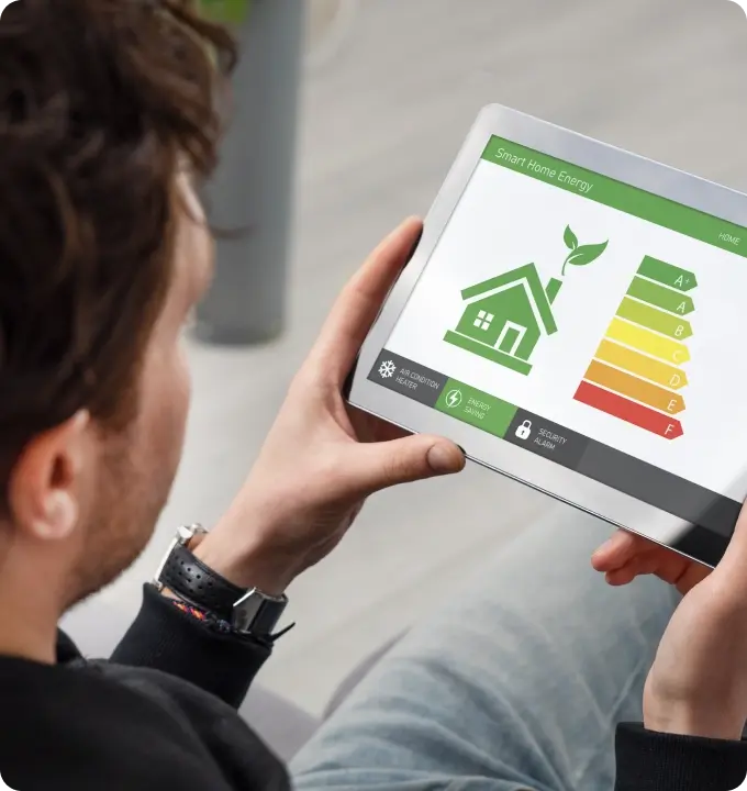 A smart home energy efficiency app displayed on a tablet screen showing an A+ energy rating. 