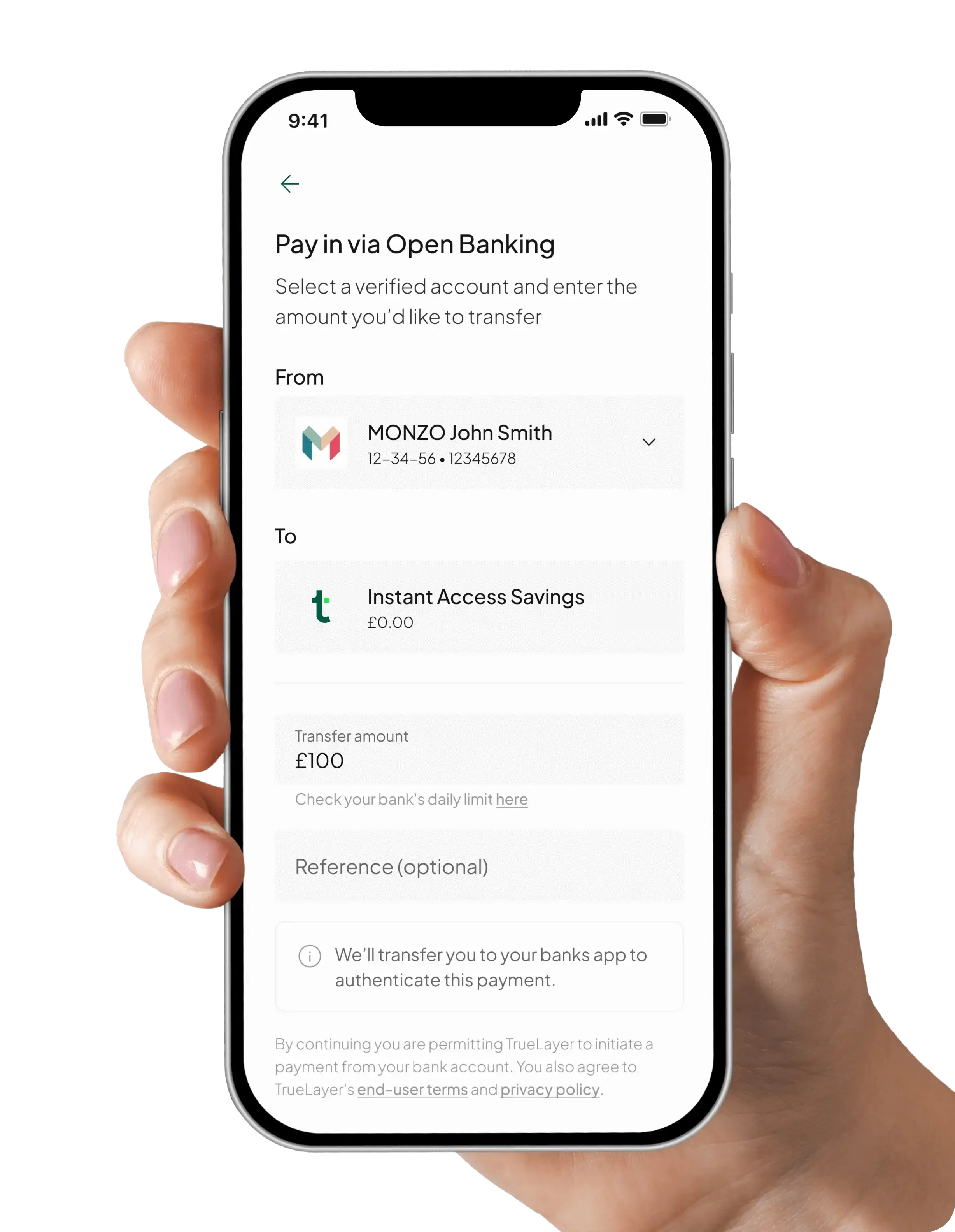 A hand holding a smart phone with Tandem savings app on screen showing a transfer between bank accounts via Open Banking.