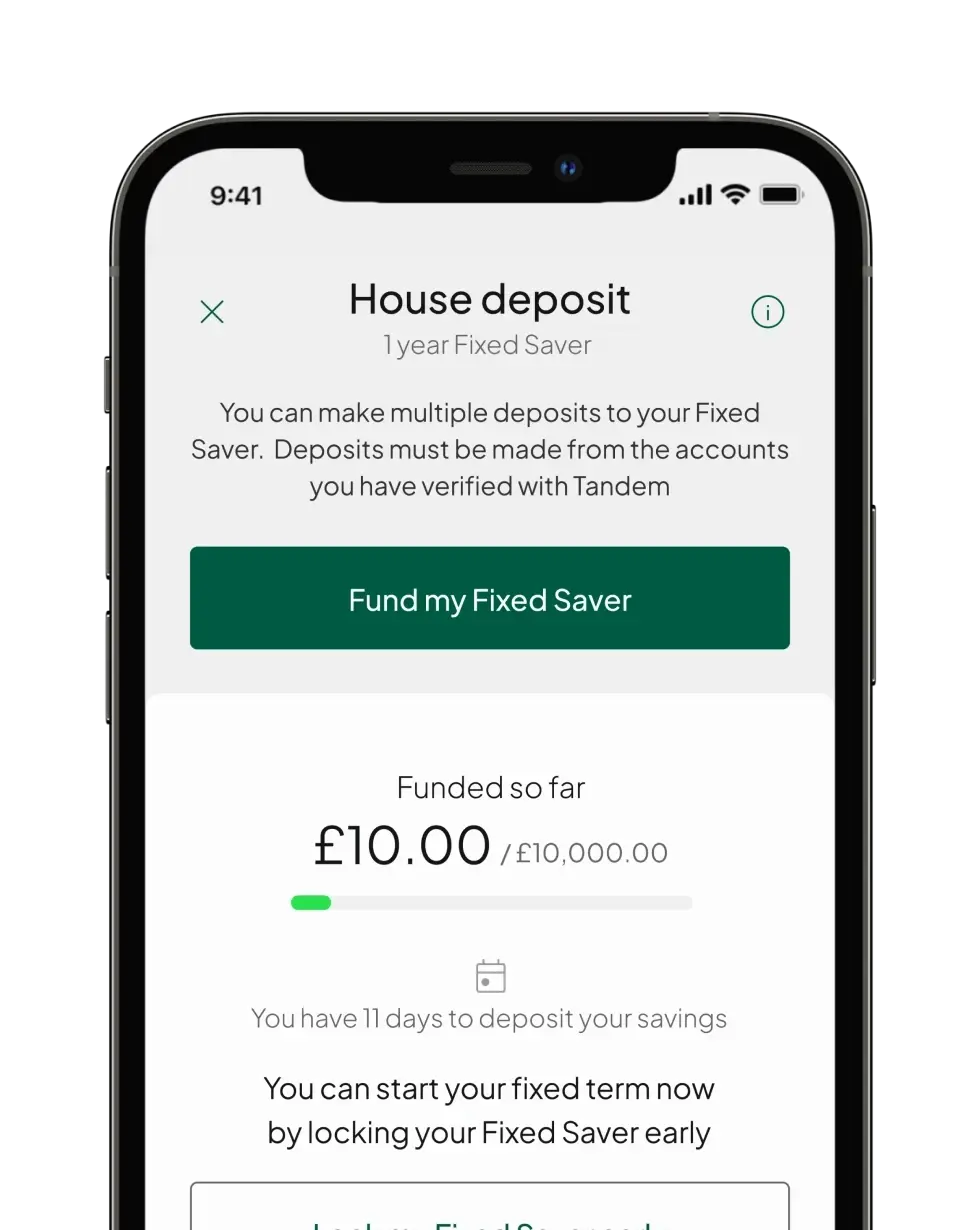 The Tandem App showcases a Fixed Saver account on the smartphone screen, offering a secure path towards achieving specific financial goals.