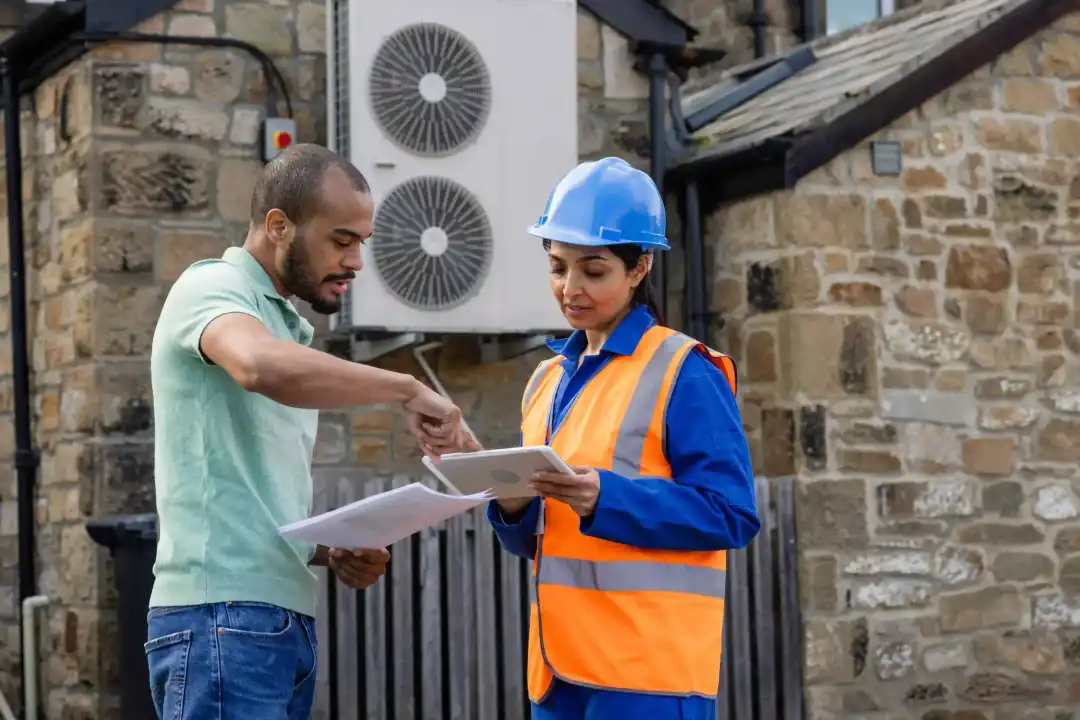 A homeowner and engineer looking at an air source heat pump being installed on the outside of a UK home. The engineer is wearing a hard hat and holding a digital tablet. The homeowner is holding paper documents. An air source heat pump can help achieve a greener home. 